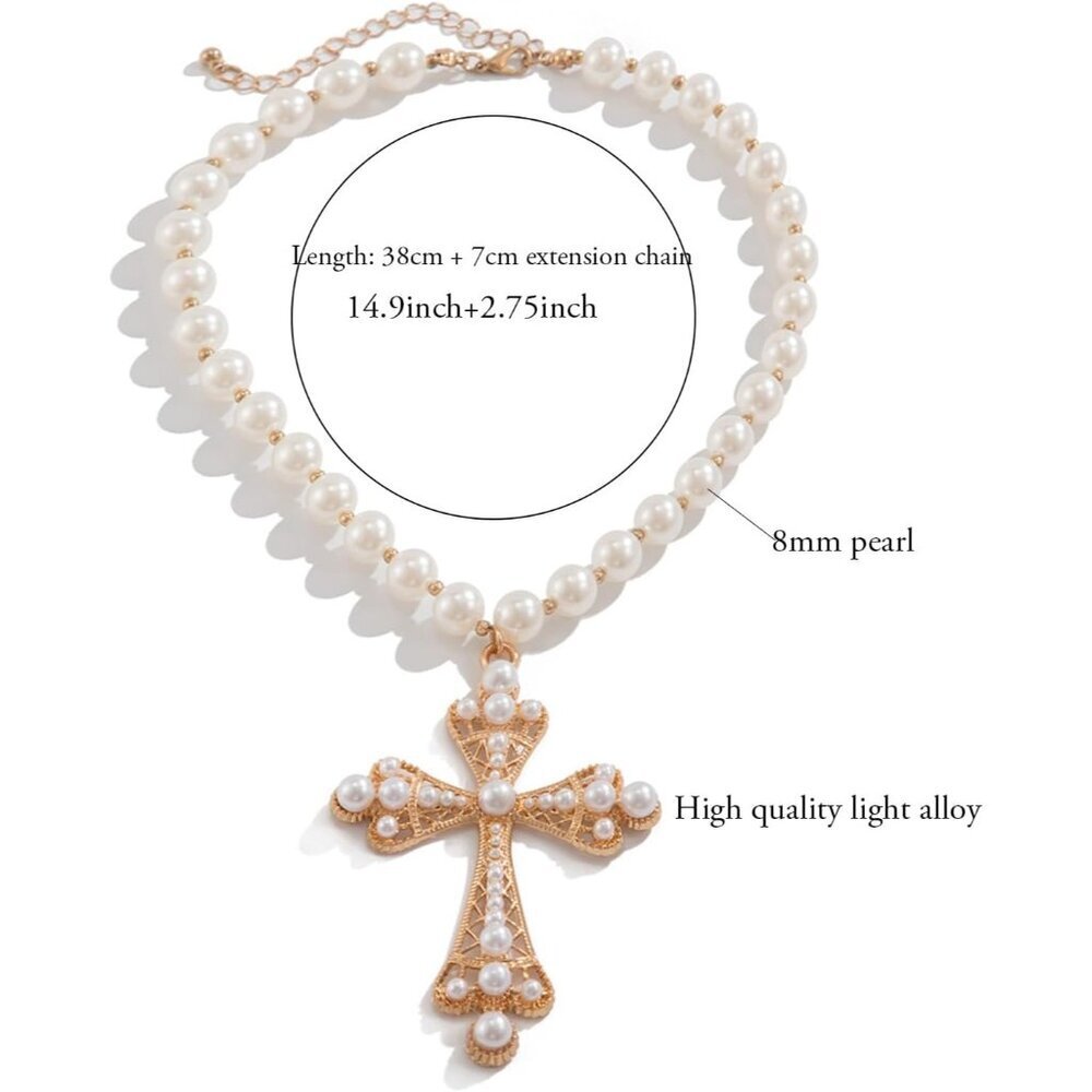 Women Punk Pearl Cross Necklace - Chunky Gothic Punk Vintage Cross Jewelry - Picture 7 of 8